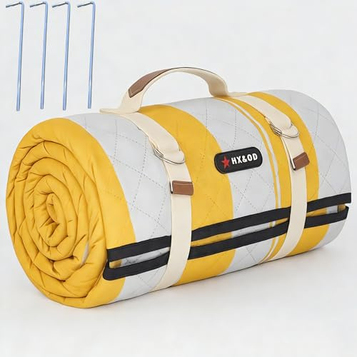 HX&OD Outdoor-Picknickdecke, extra groß, wasserdicht, Picknickmatte mit Heringen, faltbar, Campingdecke, tragbar mit Tragegurt für Strandmatte, Gelb und Weiß, 203 x 203 cm