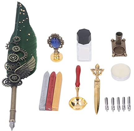 Emoshayoga Federstift Quill Pen Kit Federstifte Set mit Brieföffner und Kerzenbasis, Kalligraphie Stifte Set Retro Exquisiter grüner Stempel