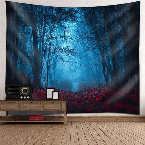 Mesnt Wandteppich Wald Nebel, Schwarz Blau Nebelige Waldlandschaft Tapisserie Dekoration für Schlafzimmer Wohnzimmer, 210x140cm