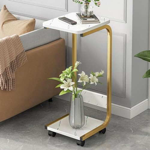 C-förmiger Beistelltisch, C-Seitentisch für Sofa, Endtische TV-Tablett-Tische, mit rollenden Rädern Metallrahmen, mobiler Snack-Tisch für Laptop, Snack, Sofa Couch, Bett, Wohnzimmer(White,30X30X85CM)