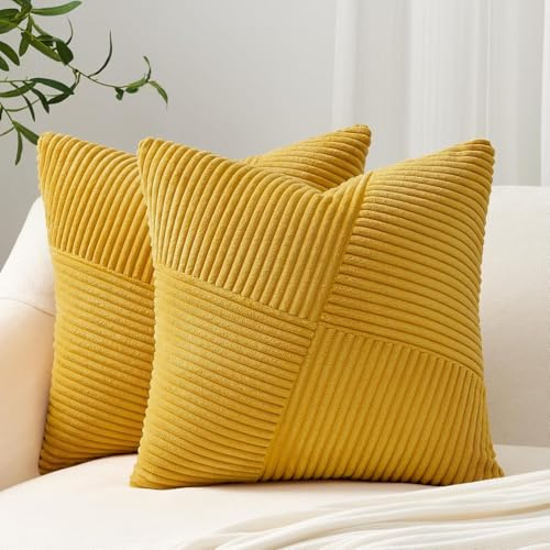 Topfinel Kissenbezug 40x40 Herbst Gelb Kordsamt 2er Set Windmühle Streifen Muster Kissenbezüge Kissenhülle Dekokissen Sofakissen Patchwork Design Deko Wohnzimmer Bett Schlafzimmer Sofa