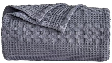 Wajade Manta de punto gofre 100 % algodón, tamaño doble, color gris, para todas las estaciones, manta súper suave para cama, sofá, coche, 160 x 200 cm