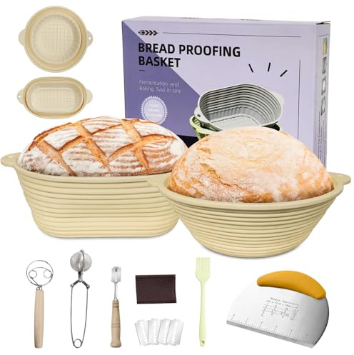 2Pcs Bread Proofing Basket Sourdough Proving Basket Starter Kit 9 Round & 10 Oval Silicone Foldable Bread Basket Bread Making Tools with Dough Whisk/Cutter/Scraper/Basting Brush,Yellow