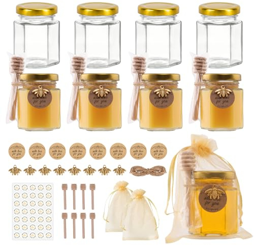 SZUAH 8 Pack 3 oz Mini Honey Jars with Dipper, Glass Hexagon Honey Jar for Wedding Favors, Empty Glass Jars for Party Favor