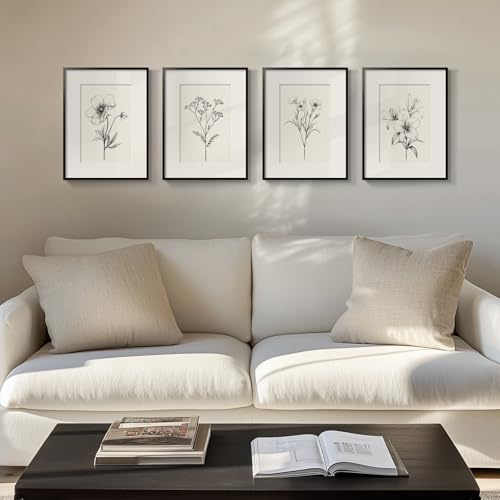 Framed Black and White Floral Wall Art for Living Room, Set of 4 Farmhouse Vintage Botanical Painting Print Wall Decor, Minimalist Rustic Artwork for Bedroom Bathroom Hallway Kitchen Walls, 12x16 Inch
