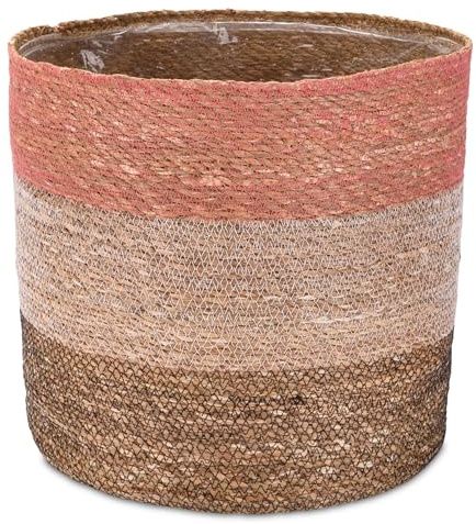 Decorasian Seegras Übertopf – Blumentopf geflochten – dekorativer Planzenkorb mit Folieneinsatz im Boho Stil – Pink-Weiß-Schwarz - 35cm