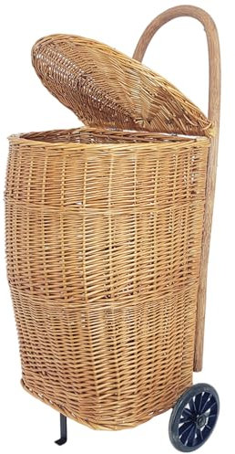 Wooden Market Trolley with Lid and Wheels Large Willow Basket for Transporting Firewood 90 x 30 x 40 cm