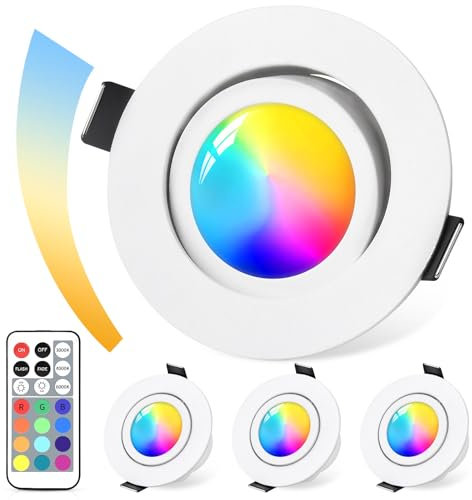 GeyouLux LED Foco empotrable regulable RGB, IP44 Aluminio Led Spot 230V 68mm,5W 3CCT,120°+45° giratorio techo Spot blanco con mando a distancia IR para baño, 4 piezas