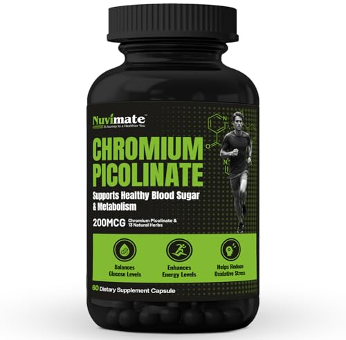Nuvimate Chromium Picolinate Supplement Blood Sugar Supplement Capsules with Cinnamon Bitter Gourd Hibiscus for Healthy Blood Sugar Levels Vegan Glucose Support Supplement - 60 Capsules