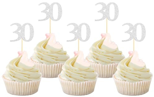 Sotpot Happy 30th Birthday Cheers to 30 Years Cupcake Toppers Silver Glitter 30 pack for 30th Birthday Anniversary Party Decor Supplies