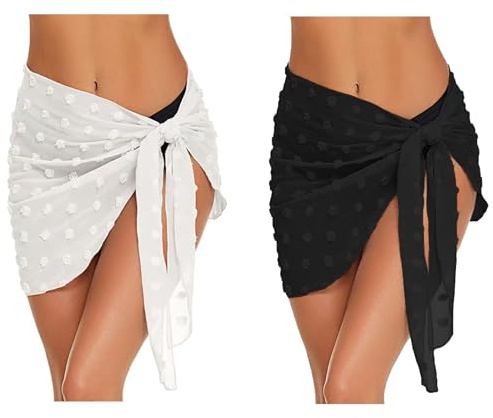 2 Stück Pareo Damen Strand – Bikini Rock, Strandtuch Damen mit Fransen, Chiffon Sarong für Strandrock & Garten | Schwarz/Weiß