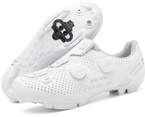 PENXZT Fahrradschuhe Herren Mountainbike Schuhe Damen MTB Radsportschuhe kompatibel mit SPD 2 Schrauben mit Cleats Atmungsaktive Outdoor Fahrrad Spin Schuhe,Weiß,40 EU