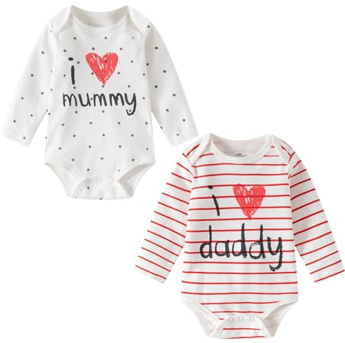 Lullaby Layers Baby Bodysuits 2 Pack – I Love Mummy & Daddy Long Sleeve Cotton Rompers – Unisex Baby Girl & Boy Outfits (White, 6-9 Month)