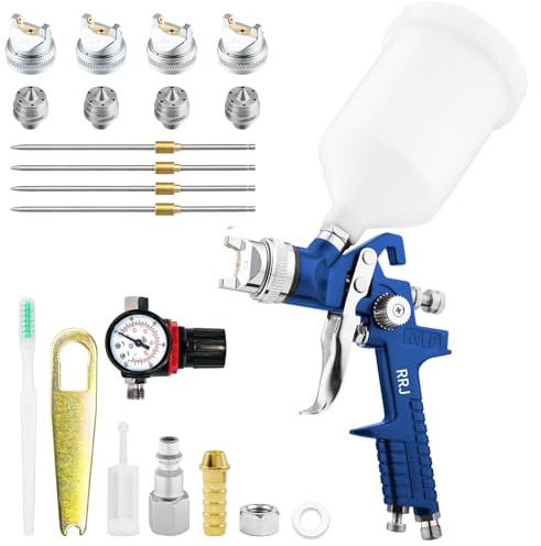 HVLP Paint Spray Gun Air Gravity with 4 Nozzles 1.4/1.7/2.0/2.5mm 600ml Cup, Paint Sprayers with Air Regulator, Spray Gun for Fence, Cars, Wall, Furniture Painting (Blue)