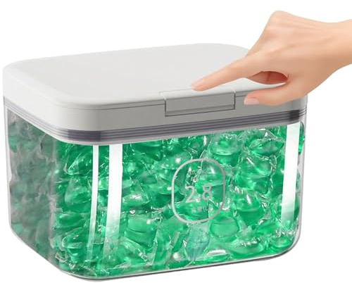 ZoeQide Depósito de detergente de 2,8 L con tapa, caja de almacenamiento para vainas y polvos de detergente, organizador hermético de plástico con tapa desplegable y vaso medidor, transparente