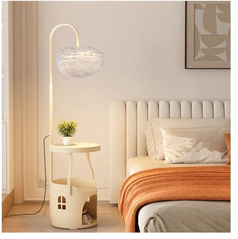 RYUQW3RE Lámpara de pie Mesa Auxiliar Moderna con lámpara, Puerto USB y Cargador for Dormitorio y Sala de Estar.(White)