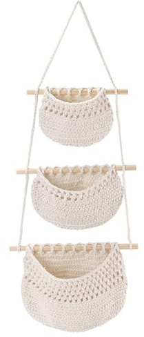HEIYUET 90cm Hängender Organizer Wand, Hängeorganizer Makramee Hängekorb Geflochten, Hängetasche aus Baumwollseil für Badezimmer, Schlafzimmer, Wohnzimmer Boho Deko