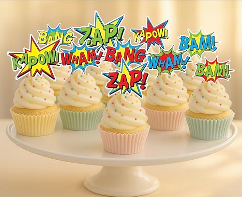 24 x PRE CUT SUPERHERO COMIC CARTOON SPEECH BUBBLES STAND UP EDIBLE WAFER CARD RICE PAPER CUPCAKE TOPPER DECORATIONS