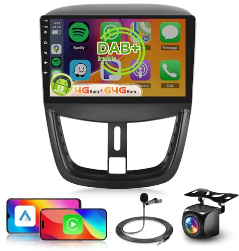 【8 Núcleo 4+64G】 Hodozzy Carplay Dab/Dab+ Radio Coche para Peugeot 207 2005-2015,9 Pulgadas Autorradio Android con Pantalla Táctil con Android Auto/WiFi/GPS/RDS/FM/DSP/Bluetooth/USB