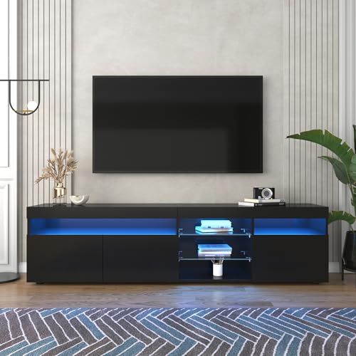 Meuble TV bas, 180 cm, noir brillant, avec LED, 3 portes, modes d'éclairage variables, meuble TV, buffet, console multimédia, salon, salle à manger, moderne, 180 cm
