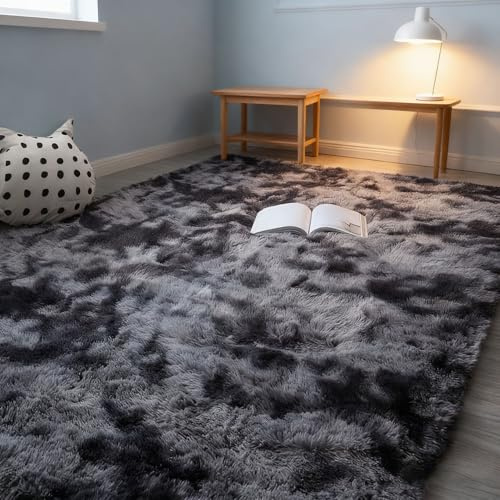 LIHUANE Hochflor Teppich 120 x 150 cm Anti-Rutsch Unterseite Shaggy Modern Flauschiger Fellteppich Langlebig Und Pflegeleicht für Terrasse Balkon Garten, Dunkelgrau