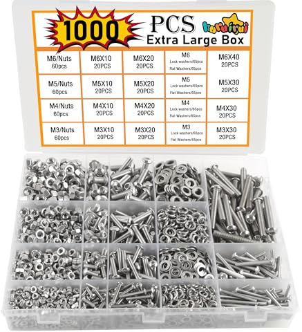 huruirui 1000pcs M3 M4 M5 M6 Schrauben und Muttern Sortiment Set Zylinderkopfschrauben 304 Edelstahl A2-70 mit Muttern Unterlegscheiben Gewindeschrauben für Elektronikprodukte Autoreparatur