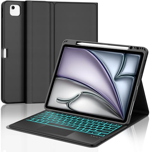 WAVATA Funda con Teclado para iPad Air 13'' M3 2025/M2 2024, Español Ñ Tecla para iPad Pro 12.9'' 2022/2021/2020/2018, Teclado Trackpad Bluetooth Desmontable Retroiluminado, Negro