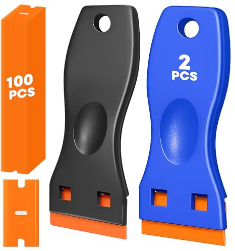 2PCS Plastic Oven Cleaning Tool Kit + 100 Spare Replacements | Multipurpose Non-Scratch Lightweight Cleaning Tool | for Removing Labels, Stickers, Decals, Adhesive, Paint & Glass Residue