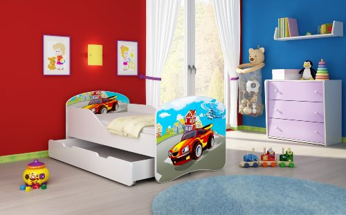 CLAMARO 'Traumland' Motiv Kinderbett 70 x 140 cm inkl. Matratze, Lattenrost und Bettkasten Schublade auf Rollen, Kantenschutzleisten und Rausfallschutz, Motiv: 03 - Racing Car Motiv