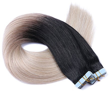 Tape In - On Hair Extensions - # 1B/GREY OMBRE - 50cm - 10 Tressen je 4cm Breit / 2,5g - 100% Remy Echthaar Haarverlängerung/Extention mit Klebeband Tressen by NOVON Hair Extentions