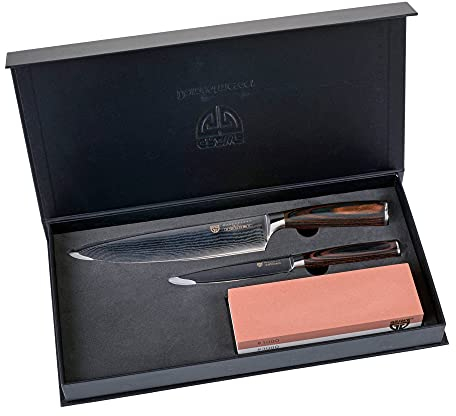 GRÄWE Damastmesser-Set 3-teilig - Kochmesser, Gemüsemesser, Wetzstein 1000/3000