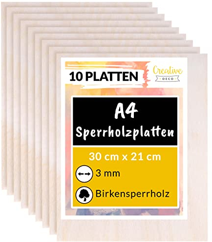 Creative Deco 10 x A4 Sperrholzplatte 3mm | 300 x 210 (+/- 2) mm | Birkensperrholz Dünne holz-Zuschnitte | Perfektes Blatt für Laubsäge, Brandmalerei, Laserschnitt, CNC Router, Durchbrochenes