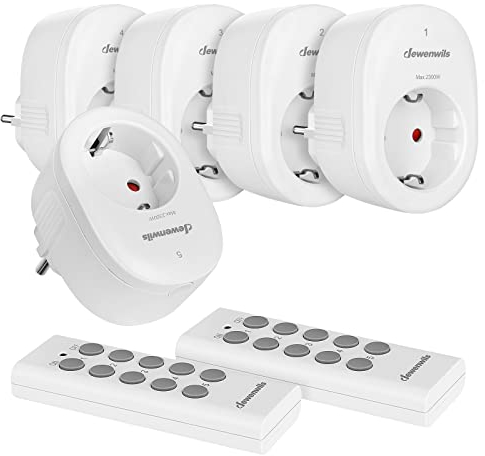 DEWENWILS Enchufe Inalámbrico con Mando a Distancia, 2300 W, Alcance de 30 m, Ideales para Decoración Navideña, Programable y Ampliable, Incluye 5 Enchufes y 2 Mandos a Distancia