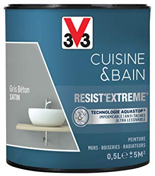V33 Peinture multi-supports monocouche Cuisine & Bain Resist'Extrême® Satin, Gris Beton, 0,5L