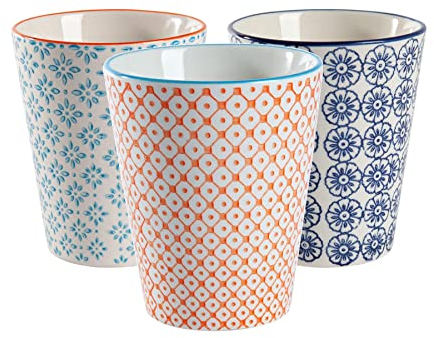 Nicola Spring Hand-Printed Tumbler - 300ml - 3 Colours - Pack of 6 - No Handle Hot Chocolate Cups Breakfast Tea & Coffee Mugs for Kitchens, Cafes & Restaurants
