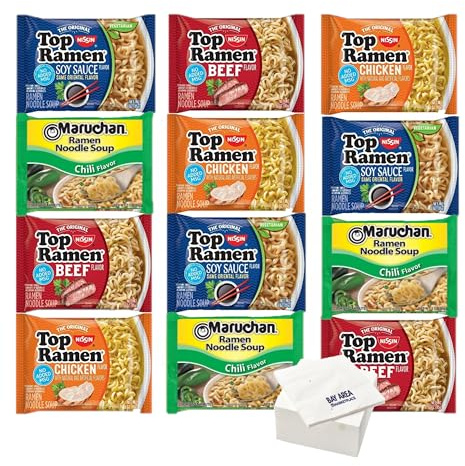 Nissin Top Ramen Noodles, Sampler (Pack of 12) with Bay Area Marketplace Napkins