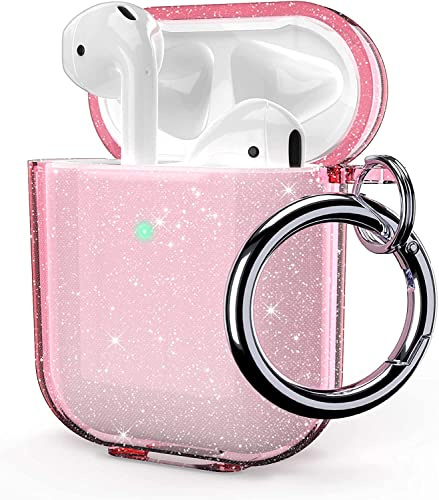 ULAK für AirPods 2 & 1 Hülle Durchsichtig Rosa Glitzer mit Karabiner | Weiches Klares TPU, Stoßschutz Hülle Dünn Schutzhülle Transparent mit Schlüsselanhänger für AirPods 2/AirPods 1, LED sichtbar