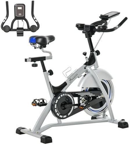 HOMCOM Speedbike Indoor Fitnessbikes mit 15KG Schwungrad verstellbare Widerstandsstufen Home Gym bis 180KG Fahrradtrainer LCD-Monitor Metall ABS Silber+Schwarz