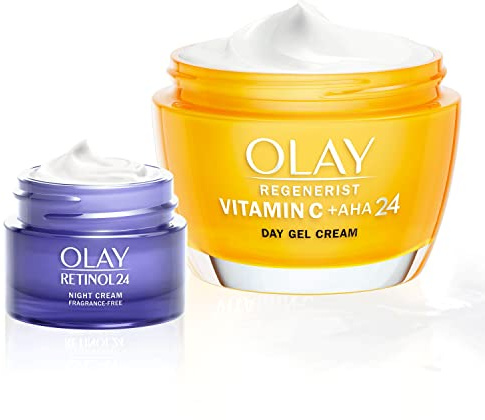 Olay Set Giorno E Notte Con Vitamin C + Aha24 Crema Gel Giorno Per Il Viso, 50 ml E Retinol 24 Crema Notte Idratante Per Il Viso, Idrata All’Istante Per 24 Ore, 15 ml, Confezione da 1