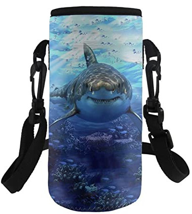 HUIACONG Housse de transport isotherme en néoprène avec imprimé requin pour bouteille d'eau de 680,4 g/473,6 g - Bleu sur l'épaule pour le sport, le réveil et la course à pied