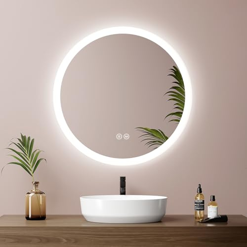 EMKE Badspiegel mit Beleuchtung Rund 50cm, 3 Lichtfarben, Antibeschlag | Badezimmerspiegel mit Touchschalter, dimmbar, Speicherfunktion, Runder badezimmerspiegel mit Beleuchtung