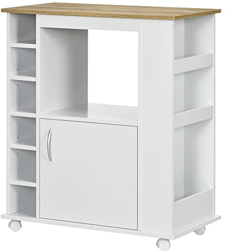 HOMCOM Aparador de Cocina con Ruedas Buffet de Comedor con Puerta y Compartimientos de Almacenamiento Mueble Auxiliar para Microondas de Estilo Moderno 75x39,5x88 cm Blanco