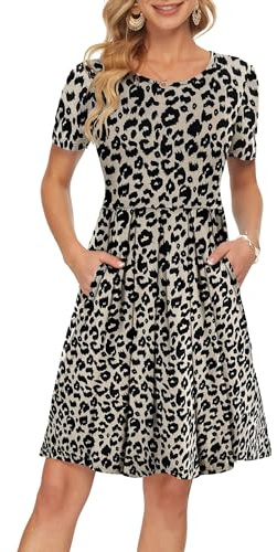 AUSELILY Summer Dresses for Women UK Short Sleeve Pleated Loose Swing Casual Dress with Pockets Knee Length Leopard L