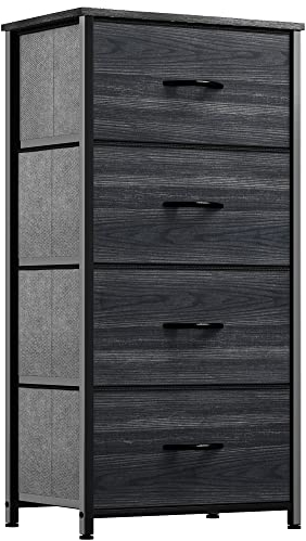 YITAHOME Kommode, 4 Stoffschubladen mit Griffen, Aufbewahrungsschrank, Schubladenschrank, Schrank, Metallgestell, stoffkommode für Schlafzimmer, für Wohnzimmer, Flur, Büro, Schwarze Holzmaserung
