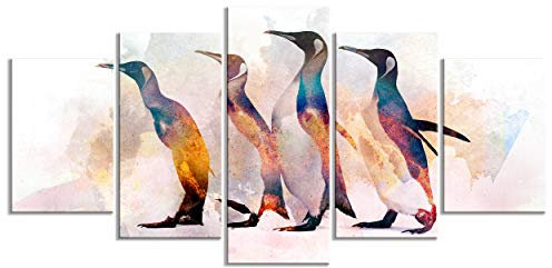 decomonkey - Tableau Acoustique Animaux Abstrait 200x100 5 Pièces - Impression sur Toile Décoration Maison Isolation Peinture Phonique Déco Bureau Nature pingouins oiseaux texture fond animaux