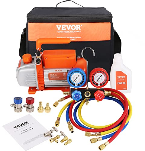 VEVOR Kit Pompa a Vuoto Monostadio per Aria Condizionata di Automobili 150W Pressione tra 55-276 Bar, Kit Pompa Vuoto 100 L/min per Riparazione di Condizionatore Frigo Refrigeranti HVAC R134a R1234yf