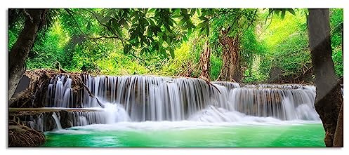 Pixxprint Glasbild Panorama, Wandbild aus Echtglas, Kleiner Wasserfall im Dschungel, 100x40 cm, inkl. Aufhängung und Abstandshalter