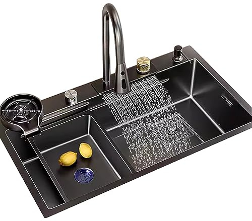 Fregadero De Cocina En Cascada Fregadero De Acero Inoxidable Negro Fregadero Grande De Un Seno Grifo Extraíble Incluye Lavavasos Y Accesorios (S : 60x45cm)
