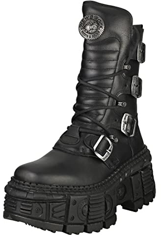 CARAMBAShop NEW ROCK Stövlar Dam Plattform Spänne Blixtlås Svart TANK Metallic Collection Black Woman Boots M.WALL373-S1, Svart, 43 EU