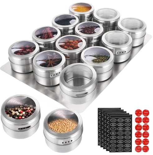 APACALI 12 Stück Gewürzdosen Magnetisch, Magnetische Gewürzdosen mit Wandbasis, Gewürzbehälter Magnetisch, Edelstahl Gewürze Spice Jars enthält 100 Etikettierungsaufkleber